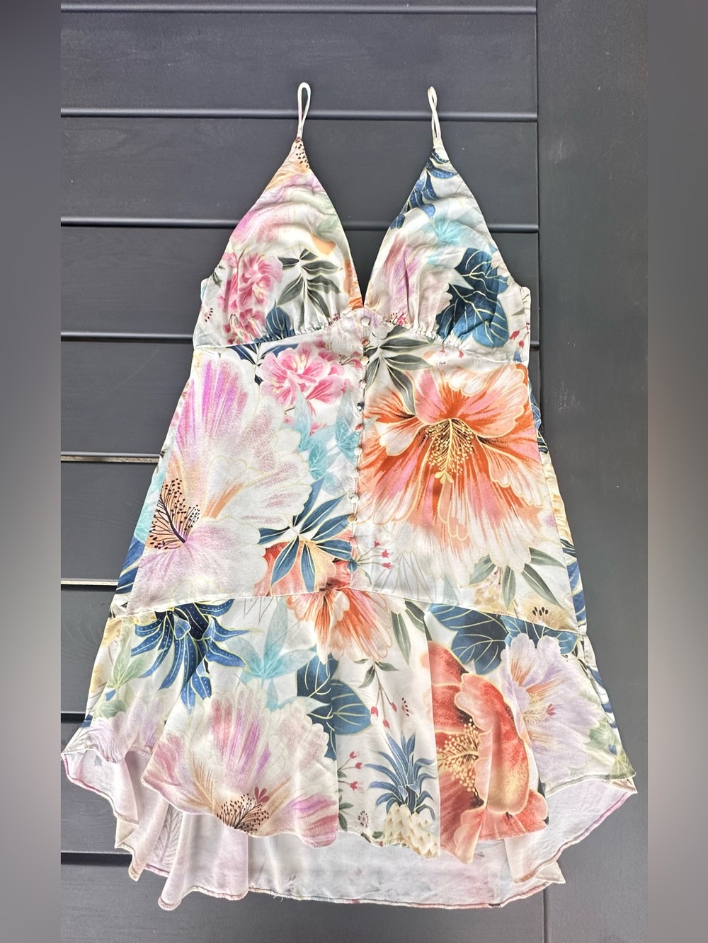 Farm rio Floral Silk Slip Dress in Cream, Coral & Blue Sz M